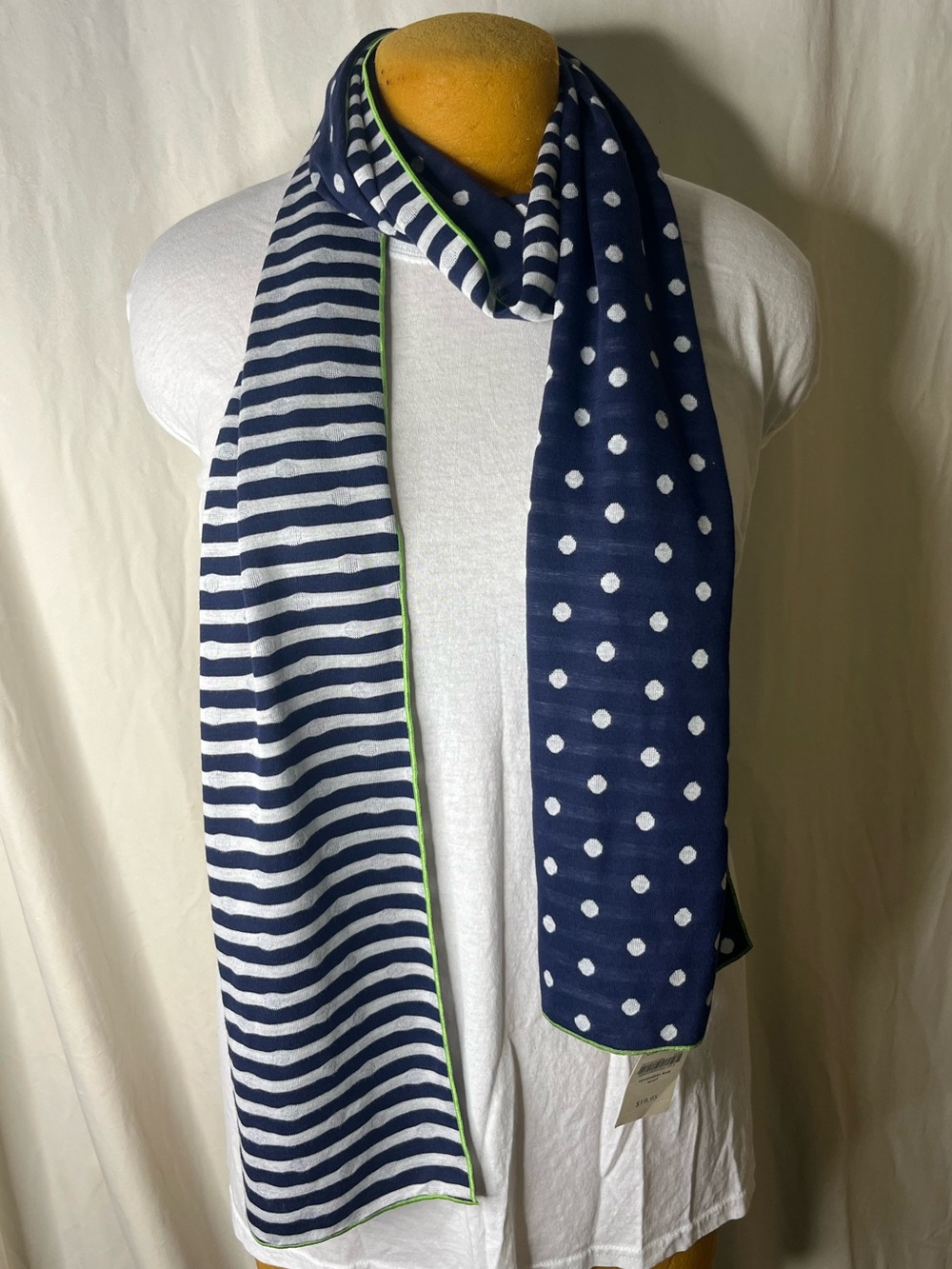 Coldwater Creek Navy Blue Striped & Polka Dot Scarf with Green Trim